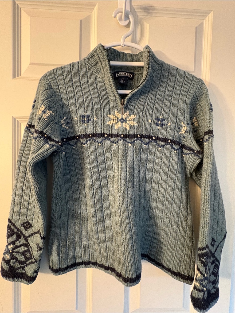 Lands' End Light Blue Snowflake Zip-Front Ribbed Sweater